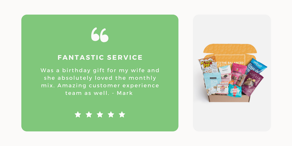 Review of The Balanced Snack Box: Fantastic service. Was a birthday gift for my wife and she absolutely loved the monthly mix. Amazing customer experience team as well. - Mark
