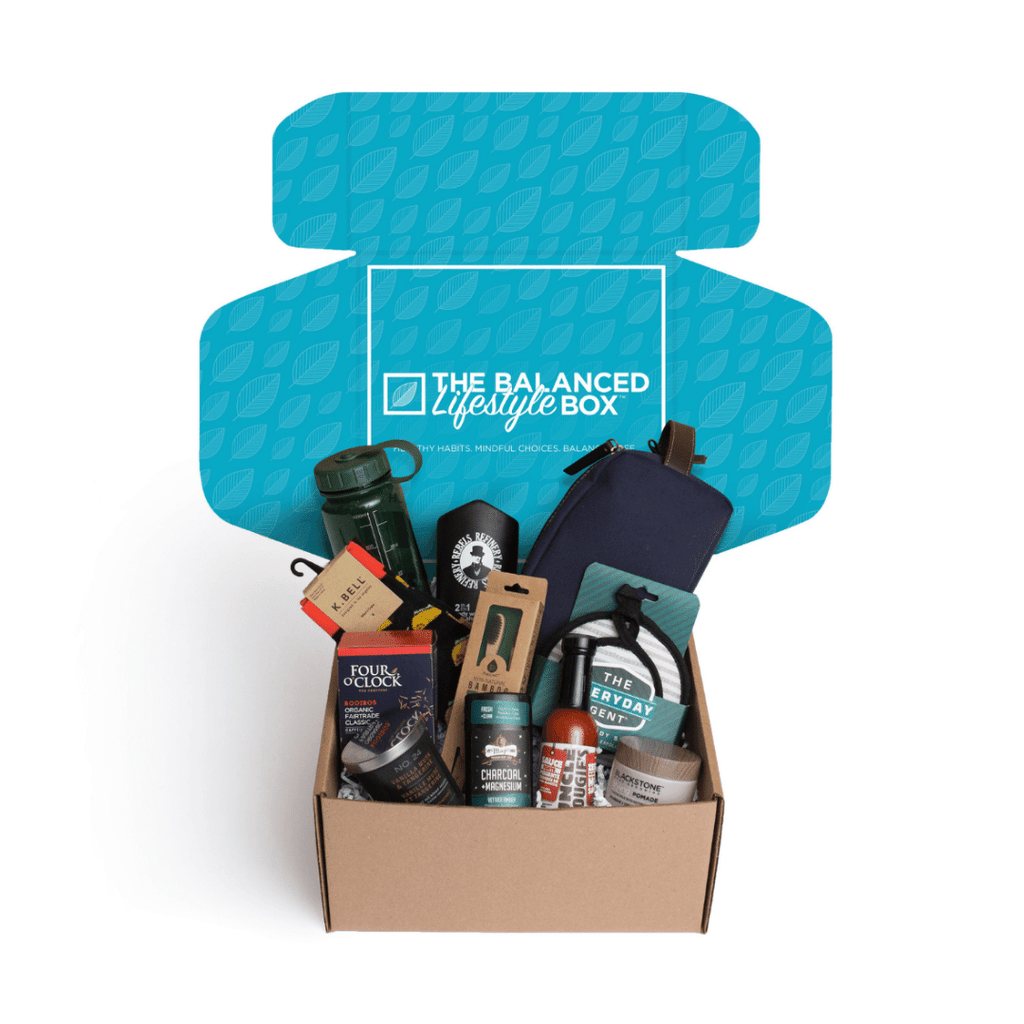 The Balanced Lifestyle Box for Men filled with 8 to 10 premium, full-size products to take care of your body, mind and soul.