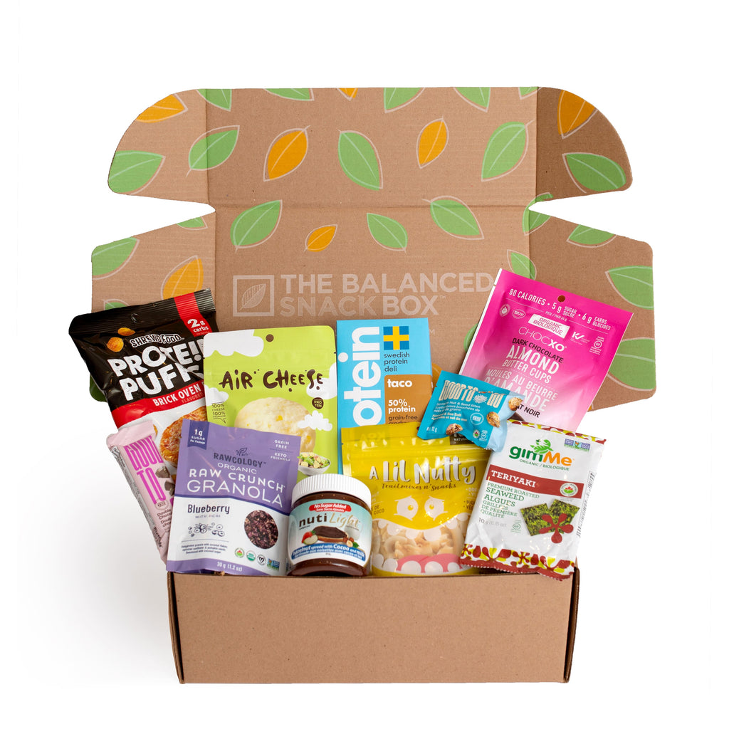 The Keto-Friendly Balanced Snack Box filled with 5 to 7 full-size, healthy, good quality, low-carb, keto-friendly snacks.