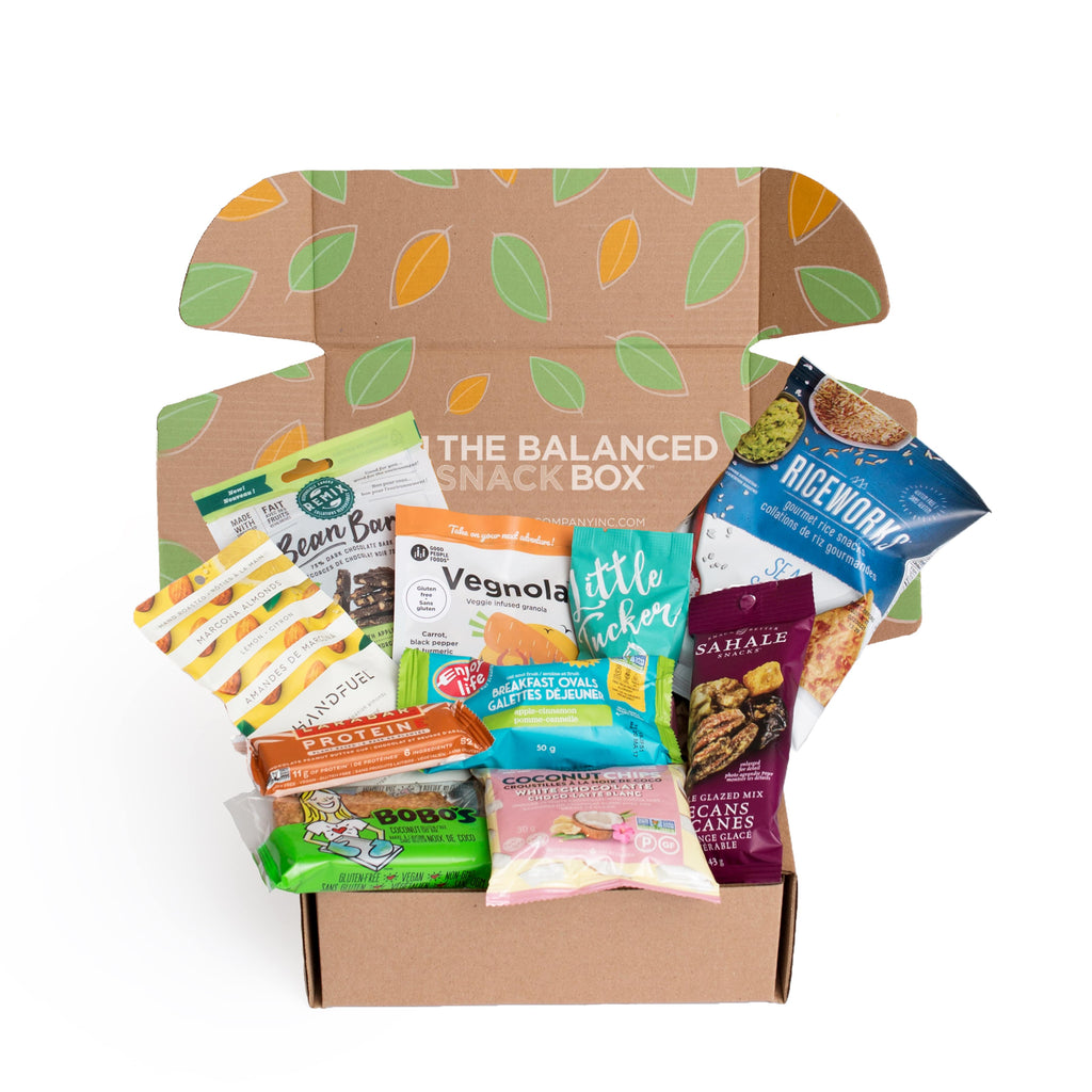 The Mini Snacker Balanced Snack Box filled with 10 to 12 individual-sized, healthy and delicious snacks.