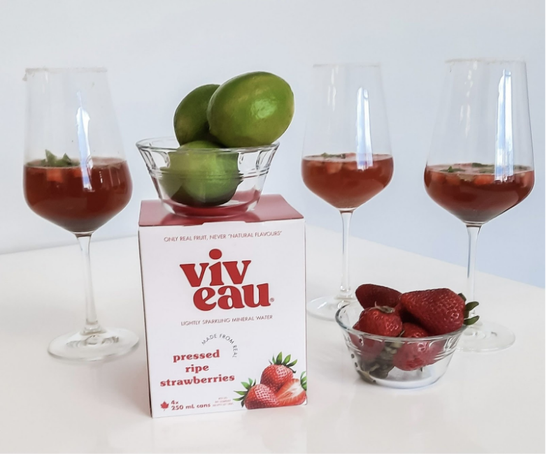 Viveau Strawberry Sparkling Water with limes and strawberries.