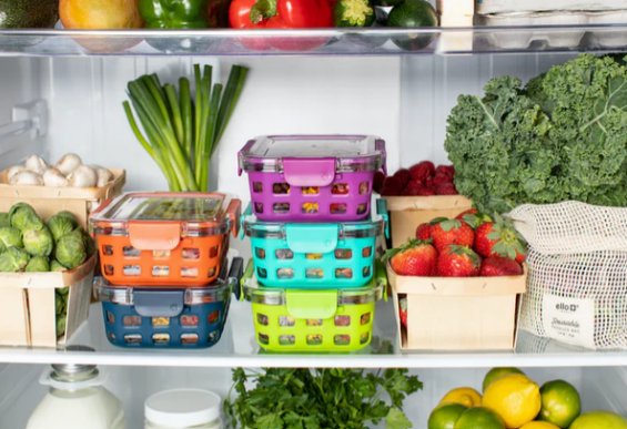 Healthy school lunches inside a refrigerator