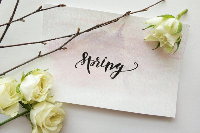 white printed paper that says spring with four white roses and branches