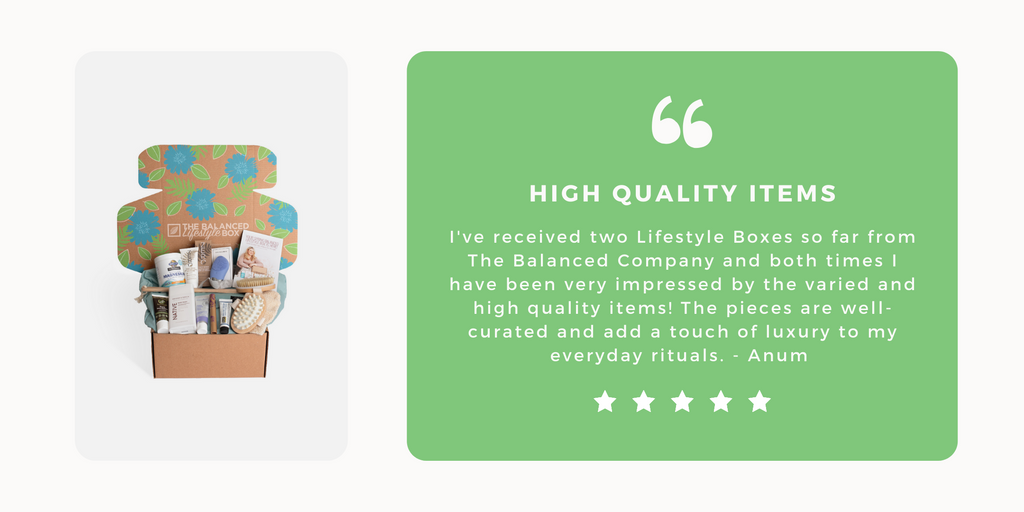 Review of The Balanced Lifestyle Box: I've received two lifestyle boxes so far from The Balanced Company and both times I have been very impressed by the varied and high quality items! The pieces are well-curated... - Anum