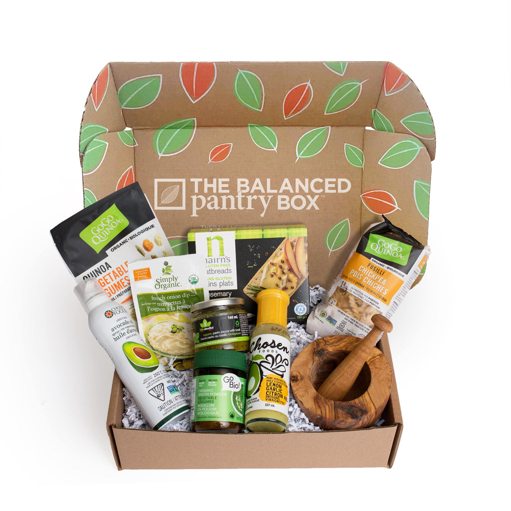 The Gluten-Free Balanced Pantry Box filled with 5 to 8 full-size, healthy, gluten-free pantry staples.