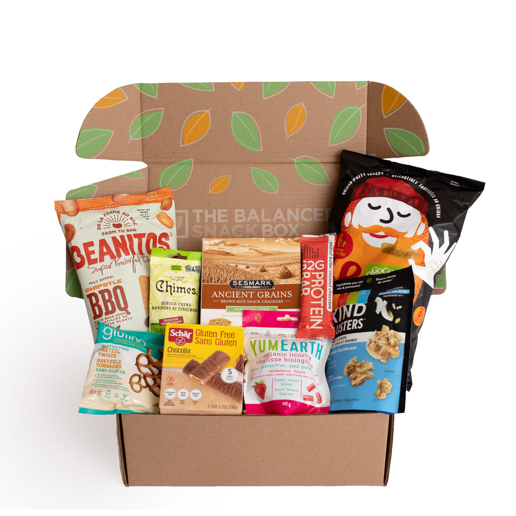 The Gluten-Free Balanced Snack Box filled with 5 to 8 full-size healthy, gluten-free snacks.