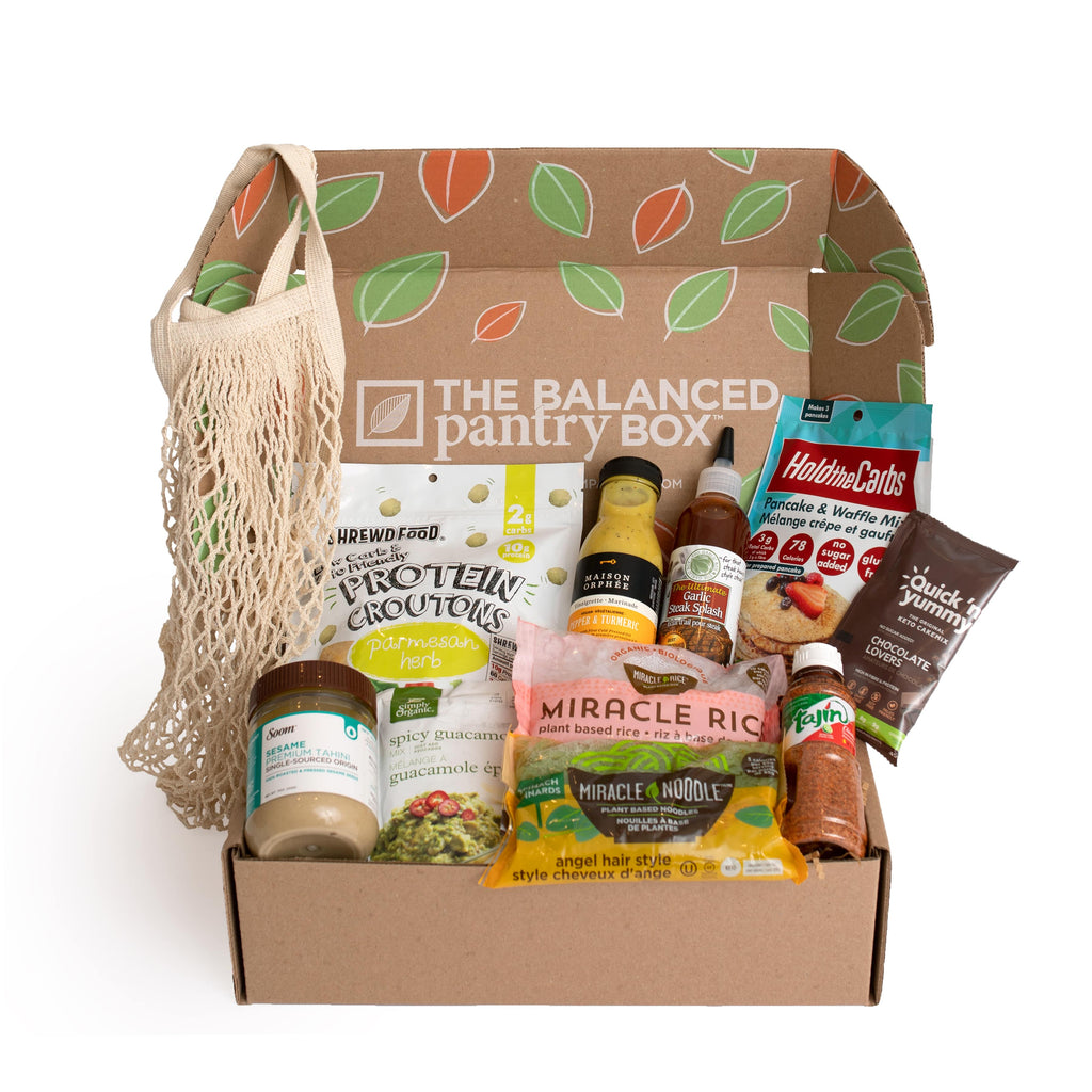 The Keto-Friendly Balanced Snack Box filled with 5 to 7 full-size, healthy, good quality, low-carb, keto-friendly snacks.