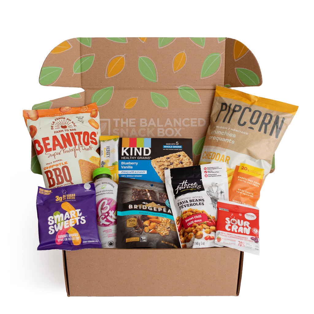 The Original Balanced Snack Box filled with 5 to 8 full-size, healthy, sweet and savoury snacks.