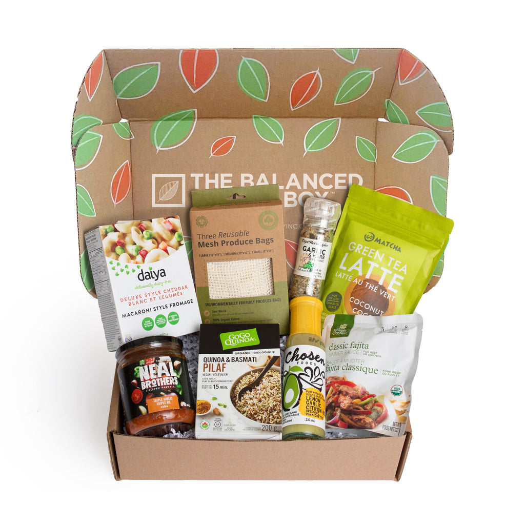 The Vegan Balanced Pantry Boxfilled with 5 to 8 full-size, healthy, vegan pantry staples.