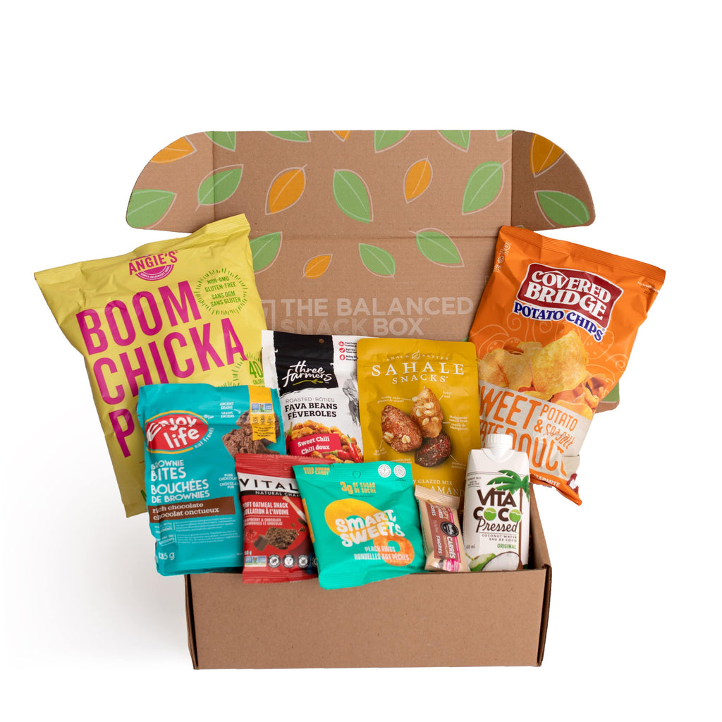 The Vegan Balanced Snack Box filled with 5 to 8 full-size, healthy, vegan snacks.