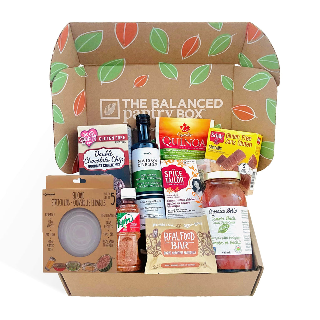 The Original Balanced Pantry Box filled with 5 to 8 full-size, healthy pantry staples.